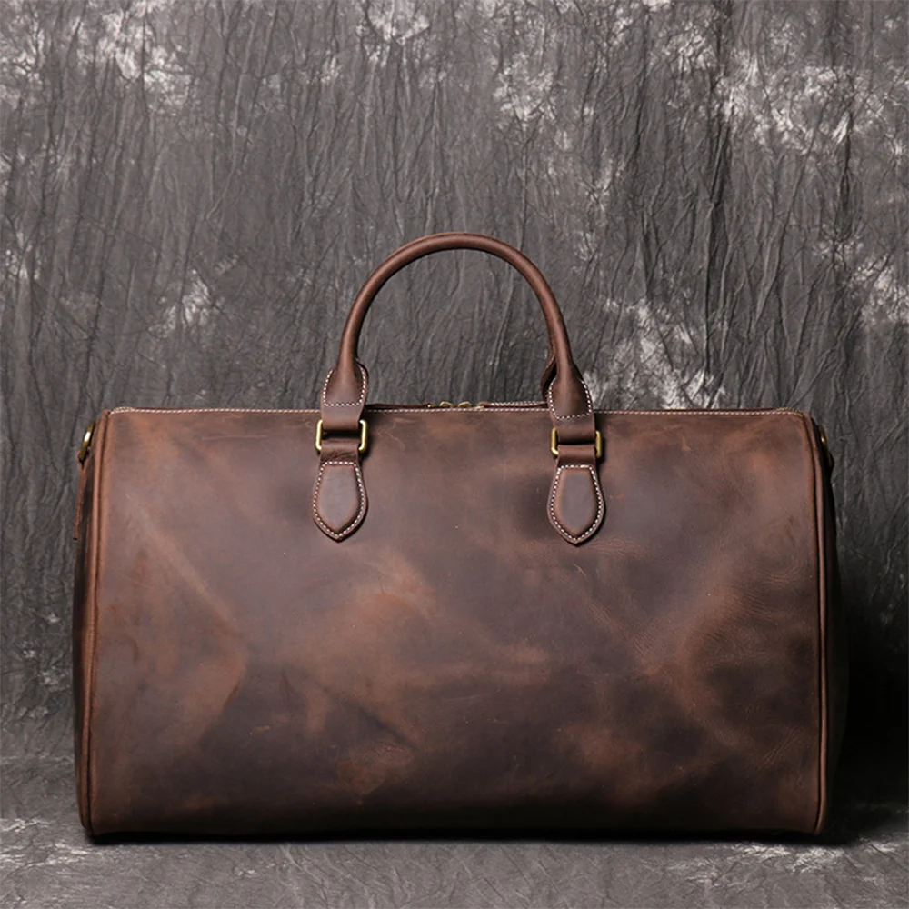 LUOKIR Genuine Leather Vintage Crazy Horse Leather Men's Handheld Travel Bag Shoulder Crossbody Luggage Bag Laptop Bag