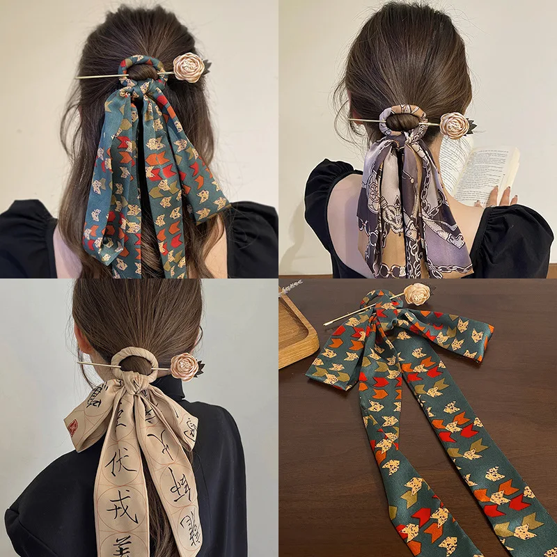 New Silk Scarf Printed Hair Sticks Chinese Style Elegant Women's Long Ribbon Hair Band Bandana Hair Stick Clip Hair Accessories