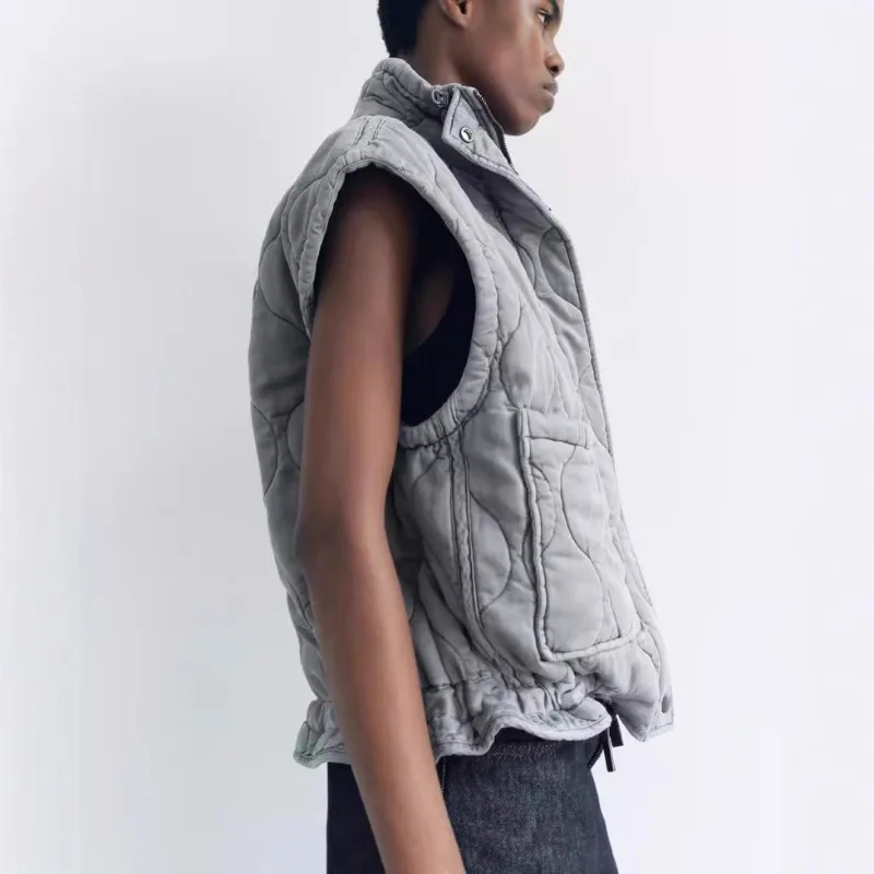 

2025 Autumn/Winter Casual Grey V-neck Plaid Pockets Sleeveless Cotton Vest Cardigan Coat