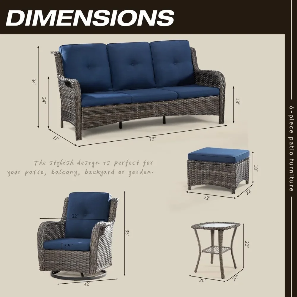 

Wicker Patio Furniture Set 6 Piece Set with 1 Three-Seat Sofa, 2 Swivel Rocker Chairs, 2 Ottomans and 1 Side Table