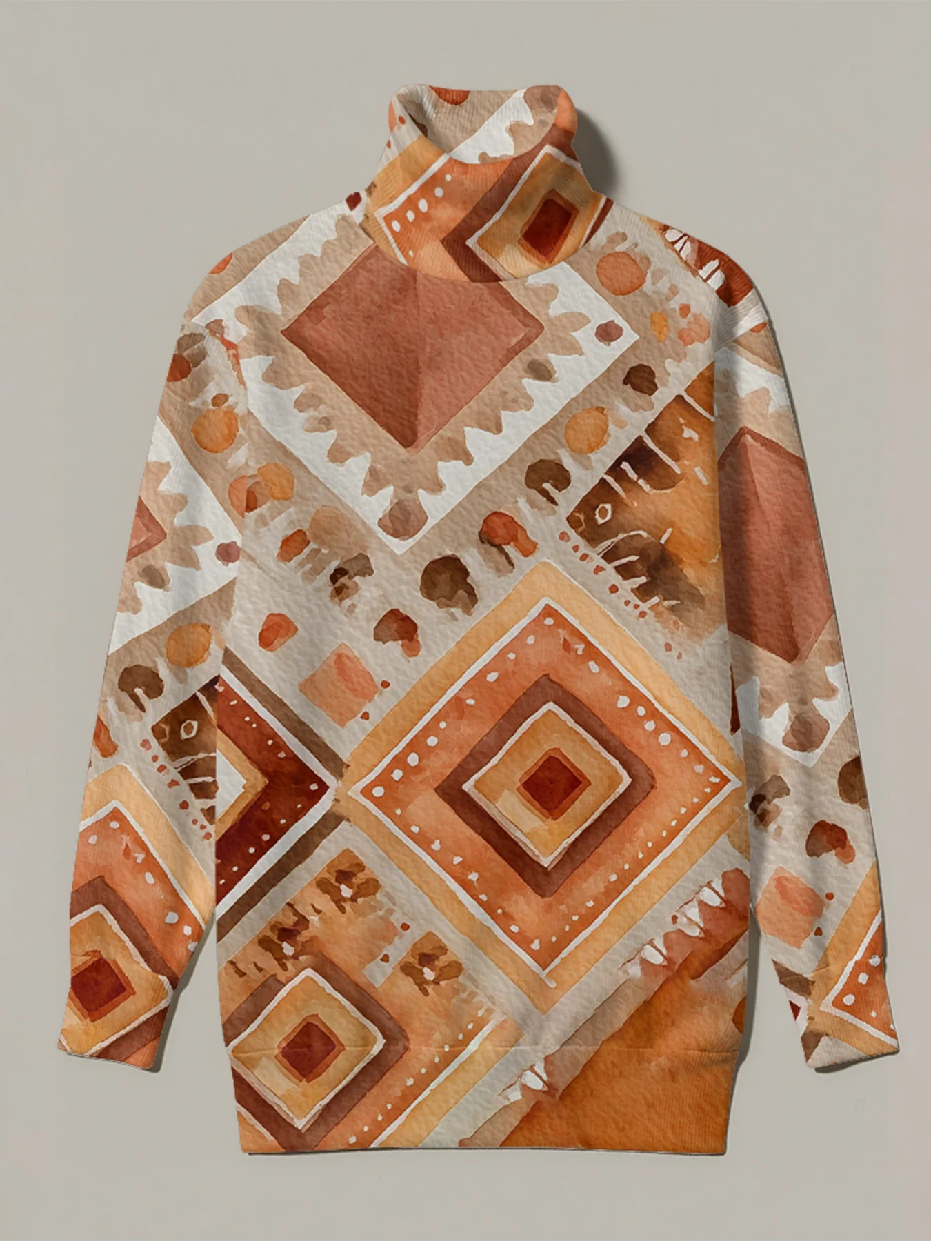 

Abstract Human Silhouette Print Turtleneck Sweater with Ethnic Multi-Color Geometric Accents Warm Abstract Design Winter Wear