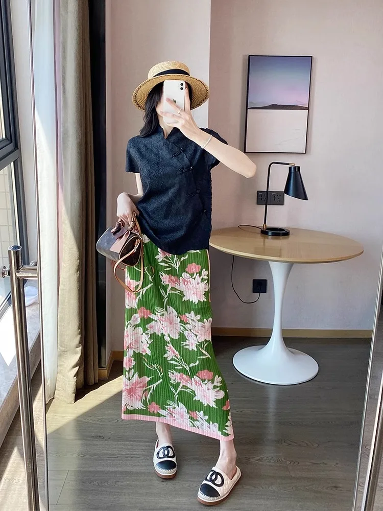 

Ice Silk Floral Print ter Ne Dr Women's Summer Thin Beach Vaion Midi Skirt High Waist Pleated Skirt