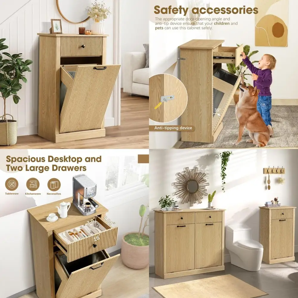 

Современный рифленый деревянный шкаф-корзина для белья с выдвижным ящиком, емкостью 11 галлонов, дизайн скрытого мусорного бака