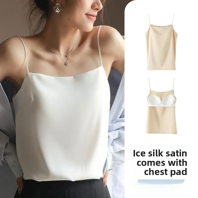 

Women's Strap Vest Inner Layer with Chest Cuion Bal Long Sle Polyde Fabric Pure Color Summer 2024 Faion
