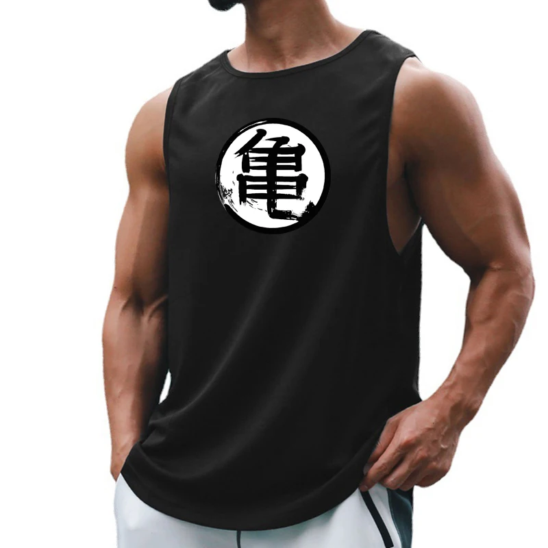 Japanese Anime Turtle Script Printed Mens Gym Clothing Fitness Vest Quick Dry Bodybuilding Tank Top Muscle Sleeveless Shirt