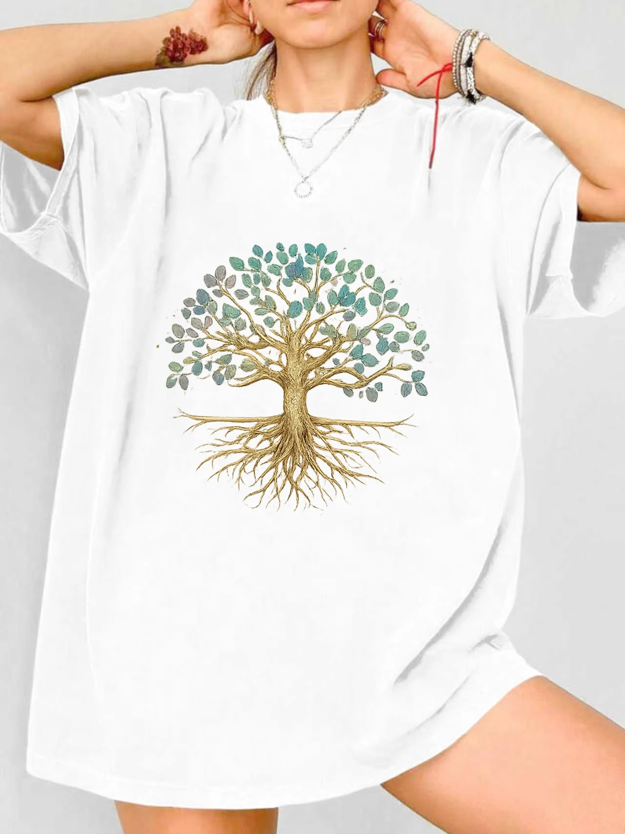 

【WDS03184】Plus size women's round neck short sleeve T-shirt with elastic half sleeves and trendy prints