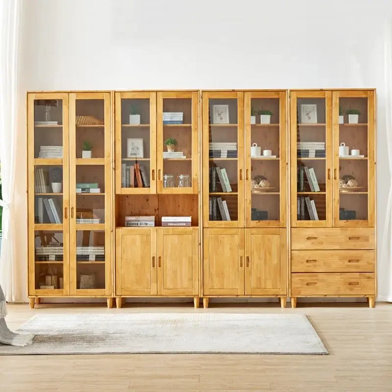 Nordic solid wood bookcase, locker, cypress bookshelf with glass three-door bookcase, whole wall shelf, dust-proof