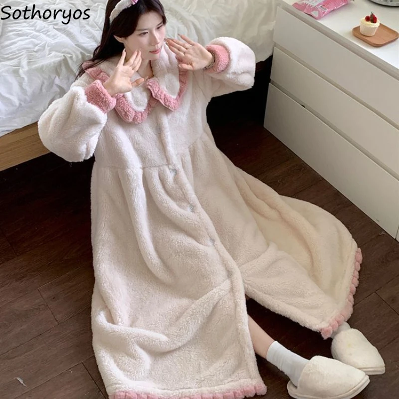 Coral Fleece Robes Women Bathrobe Winter Cute Girls Peter Pan Collar Sleepwear Thicker Loose Sweet Princess College Loungewear