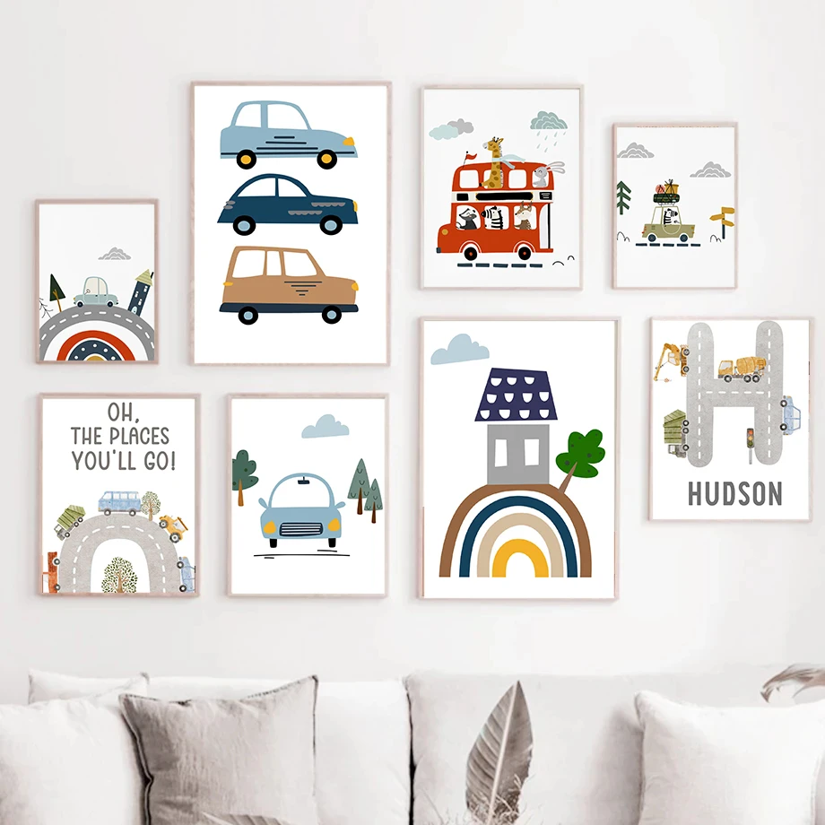 Personalized Minimalist Car Transportation Cartoon Education Posters Canvas Printing Nursery Room Boy's Room Wall Decoration