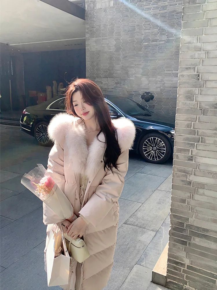

Women's Long Thiened Winter down Jaet Fur Collar Warm Cozy Blanket Design Sense Outerwear Korean Sle Commute Wind