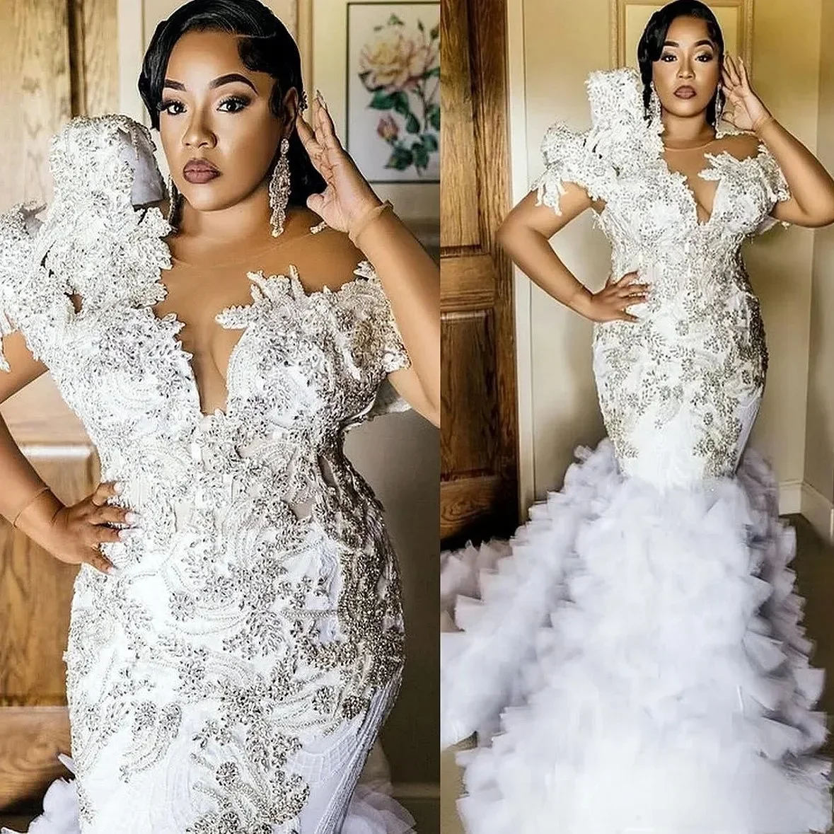 カスタマイズされたアラビア風アソエビプラスサイズアイボリーウェディングドレスクリスタルレースノースリーブティアードチュール豪華な花嫁衣装ドレス