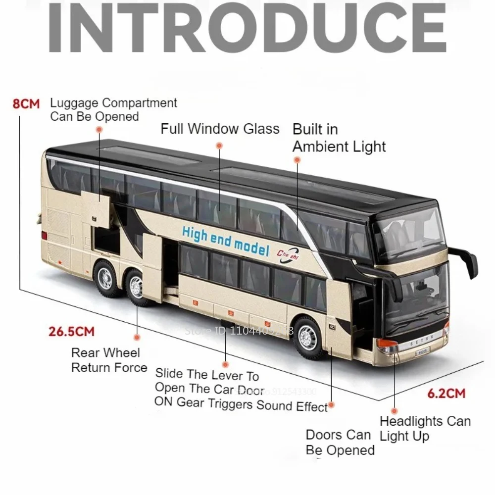 1:30 Scale Double-decker Business Bus Alloy Model Toy Car Sound Light Pull Back 5 Doors Opened Simulation Vehicle Models Toys