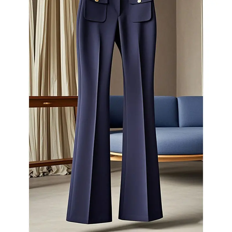 Autumn New Korean Office Lady High Waist Slim Temperament Flare Ladies Casual Fashion Solid Color Straight Women Pocket Pants