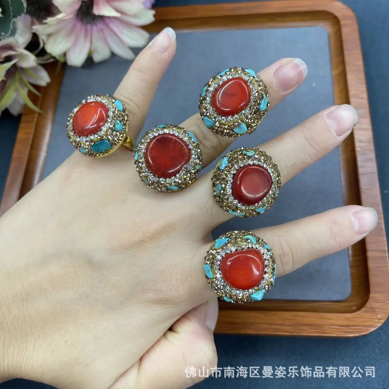 Ethnic style ring red inlaid turquoise ring Internet celebrity the same exquisite fashion ring European and American