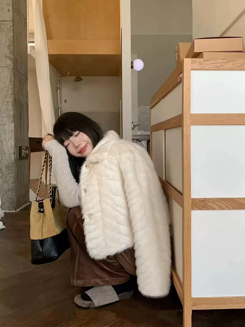Chic Cream Women Faux Fur Jacket Lapel Collar Button Down Coat Long Sleeve Cropped Loose Luxury Cozy Winter Outerwear Top