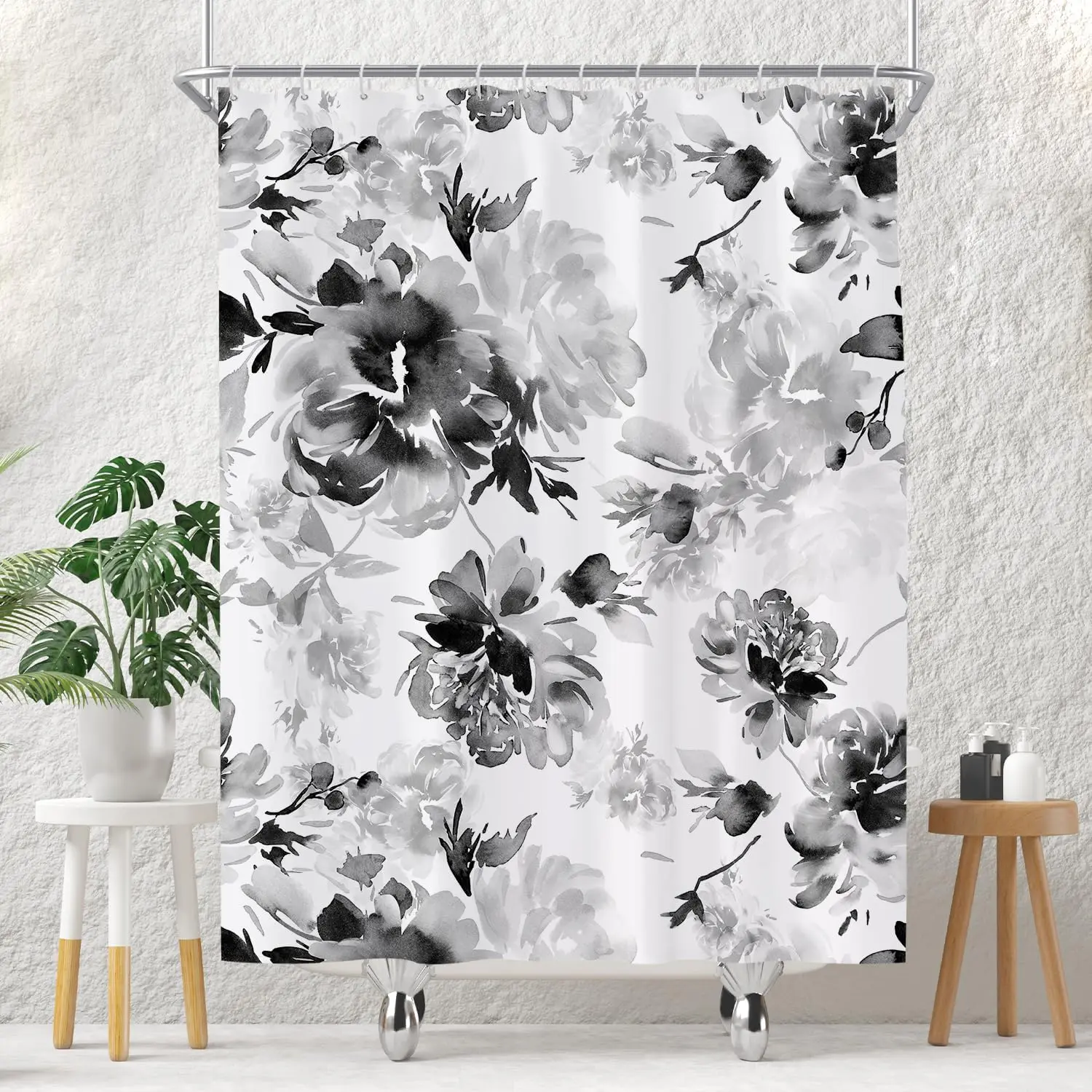 

Black and White Floral Watercolor Shower Curtain 160x200cm Monochrome Elegant Bathroom Decor