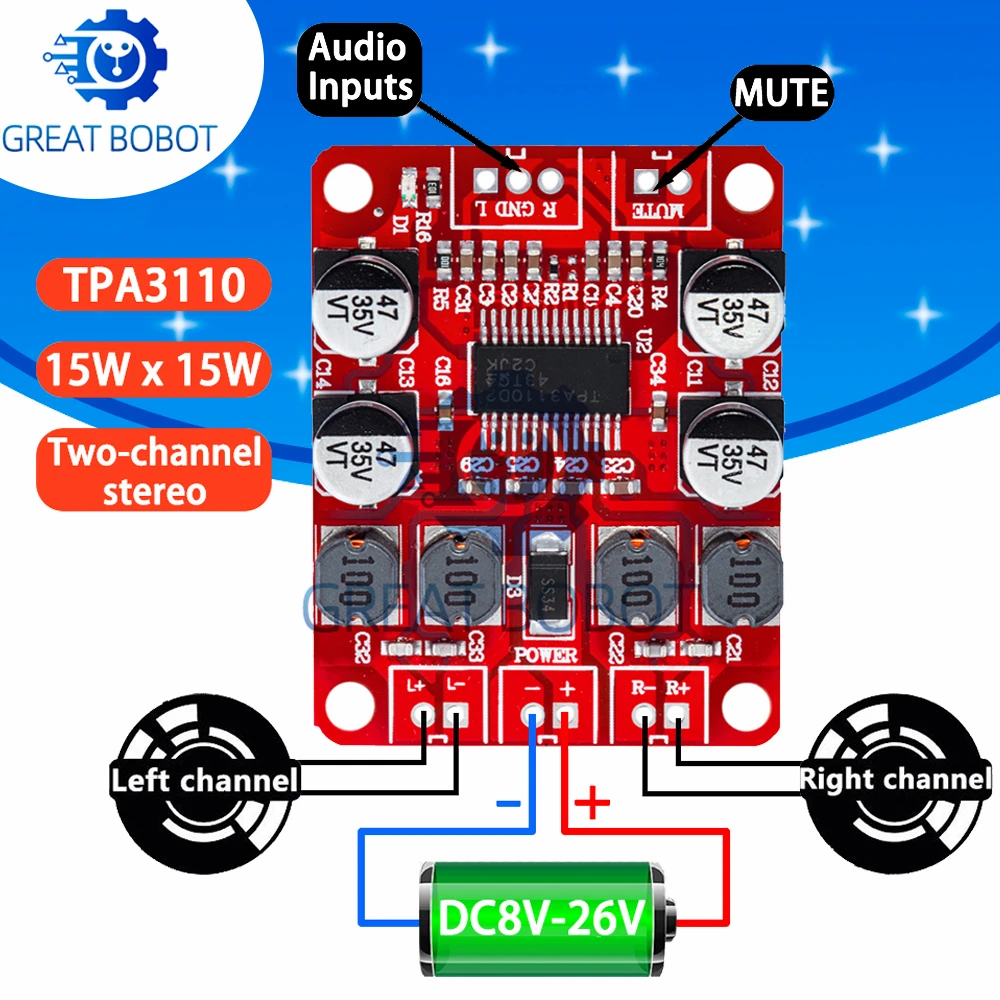 Módulo amplificador de potencia digital BS TPA3110 - Estéreo de doble canal 2x15 W para amplificación de altavoces DIY, CC 12 V (PCB rojo)