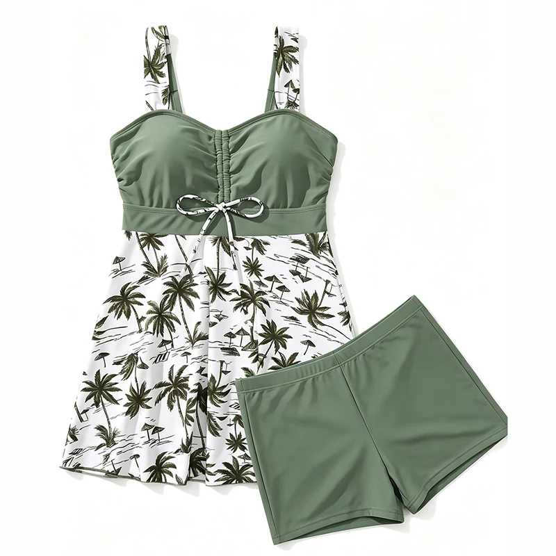 Vintage Green Leaves Print Patchwork Tankini Set 2026 Women Large Size Front Drawstring Skirt High Waist Short 2 Piece Swimsuit