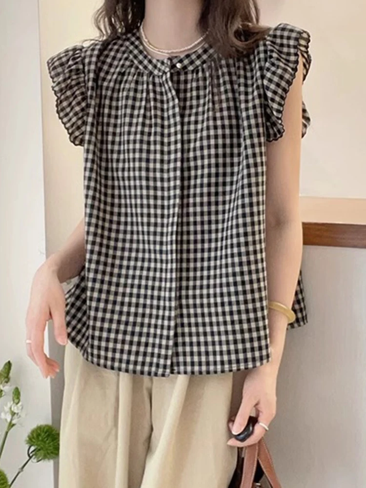 

Sweet Youthful Plaid irt Summer Thin Sle Slimming Casual Simple Women's Blouse Poofy Sve Chiffon Top Korean Version St...