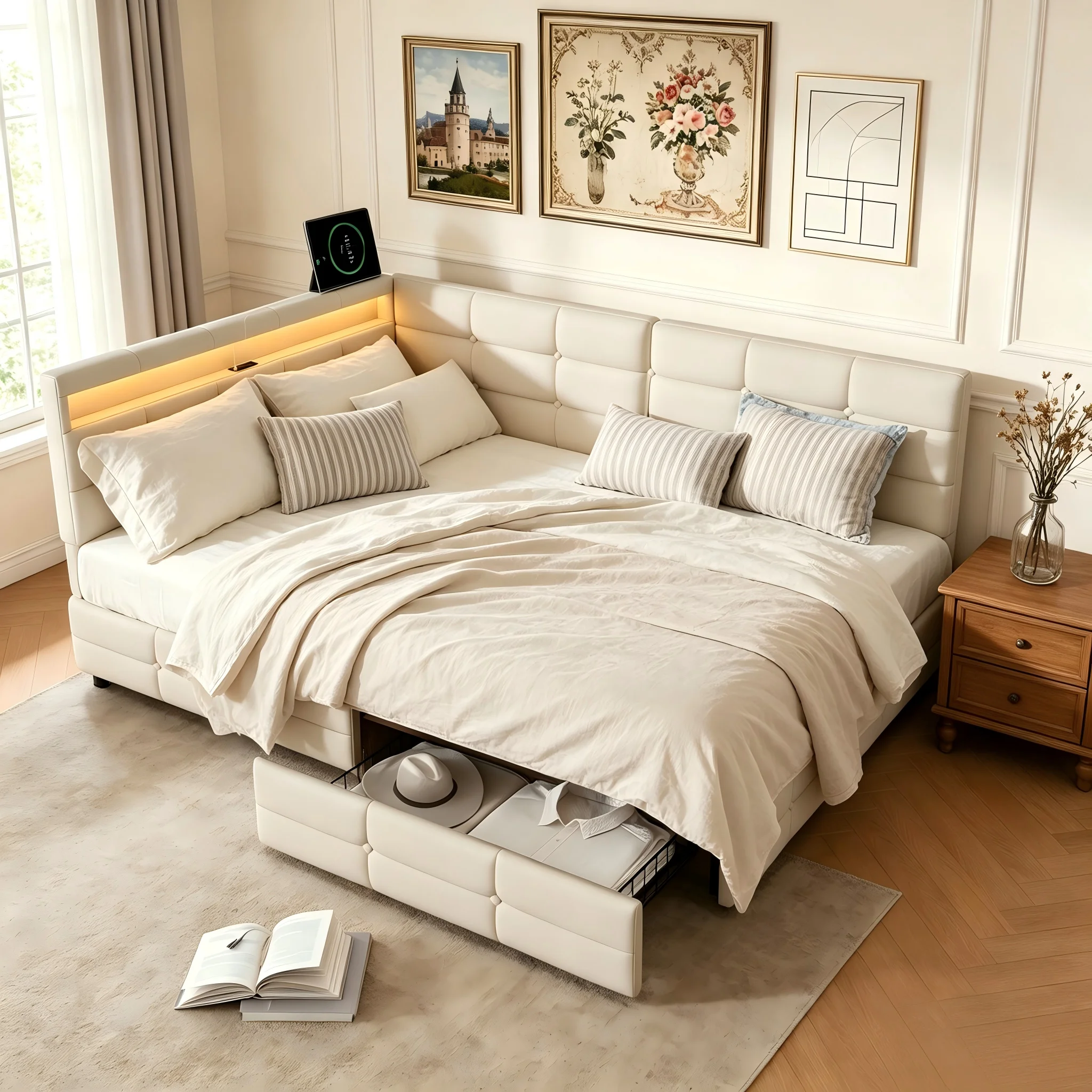 Fangange L‑Shaped Upholstered Bed Frame, 90/140 × 200 cm & 140 × 190 cm, Built‑in Charging Ports, LED Headboard Lights, Drawer‑Type Storage, Linen Fabric, Beige or Grey Finish