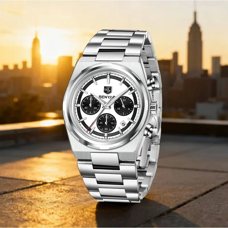 BENYAR 5204 Elite Men's Quartz Watch, Simple Luxury, Small Three Hands, Calendar, Stainless Steel Bracelet, Butterfly Buckle, Wa
