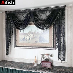 Black Lace Sheer Flower Valance Curtain Luxury Beaded Wavy Waterfall Scallop Curtain for Living Room Rod Pocket Top Window Drape