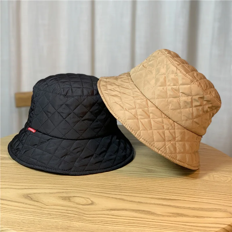 Down Cotton Diamond Check Fisherman's Hat Men's And Women's Fall And Winter Warm Collapsible Basin Hat