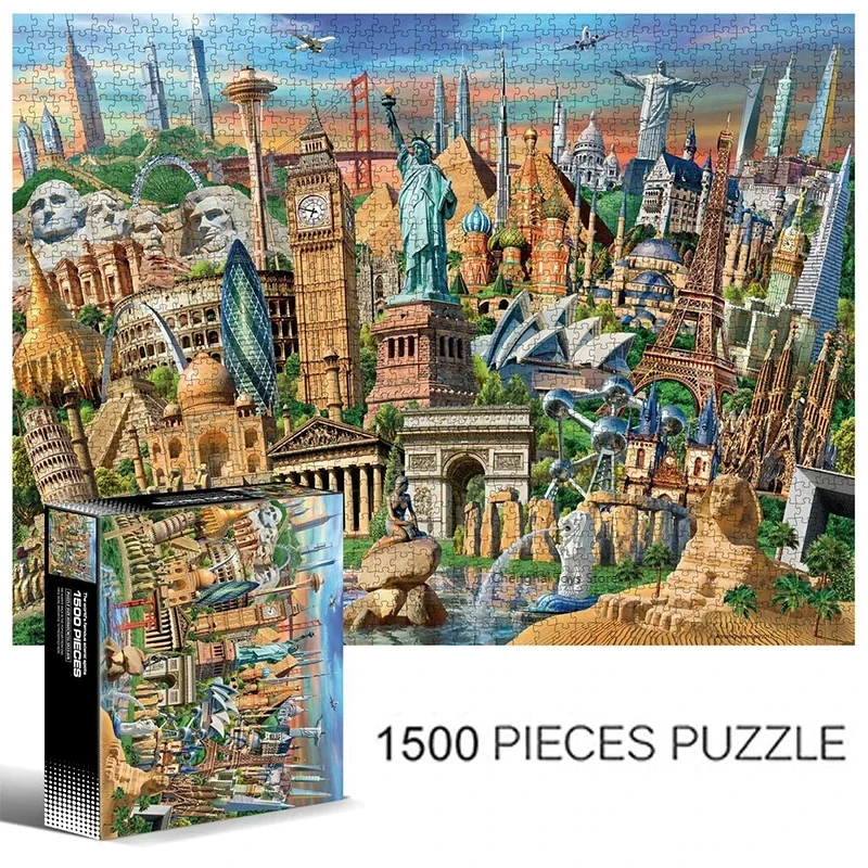 Décennie s de construction de puzzle de haute difficulté pour adultes, point de repère mondial, jouets d'animaux de dessin animé, cadeaux d'anime, 1500 pièces