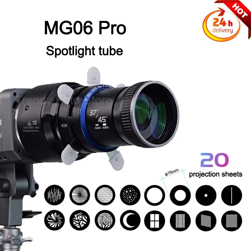 MG06 PRO Bowens Mount Spotlight Tube Photography Condenser 300W with 20 Stainless Steel Projection Sheets Art Effects Shaped