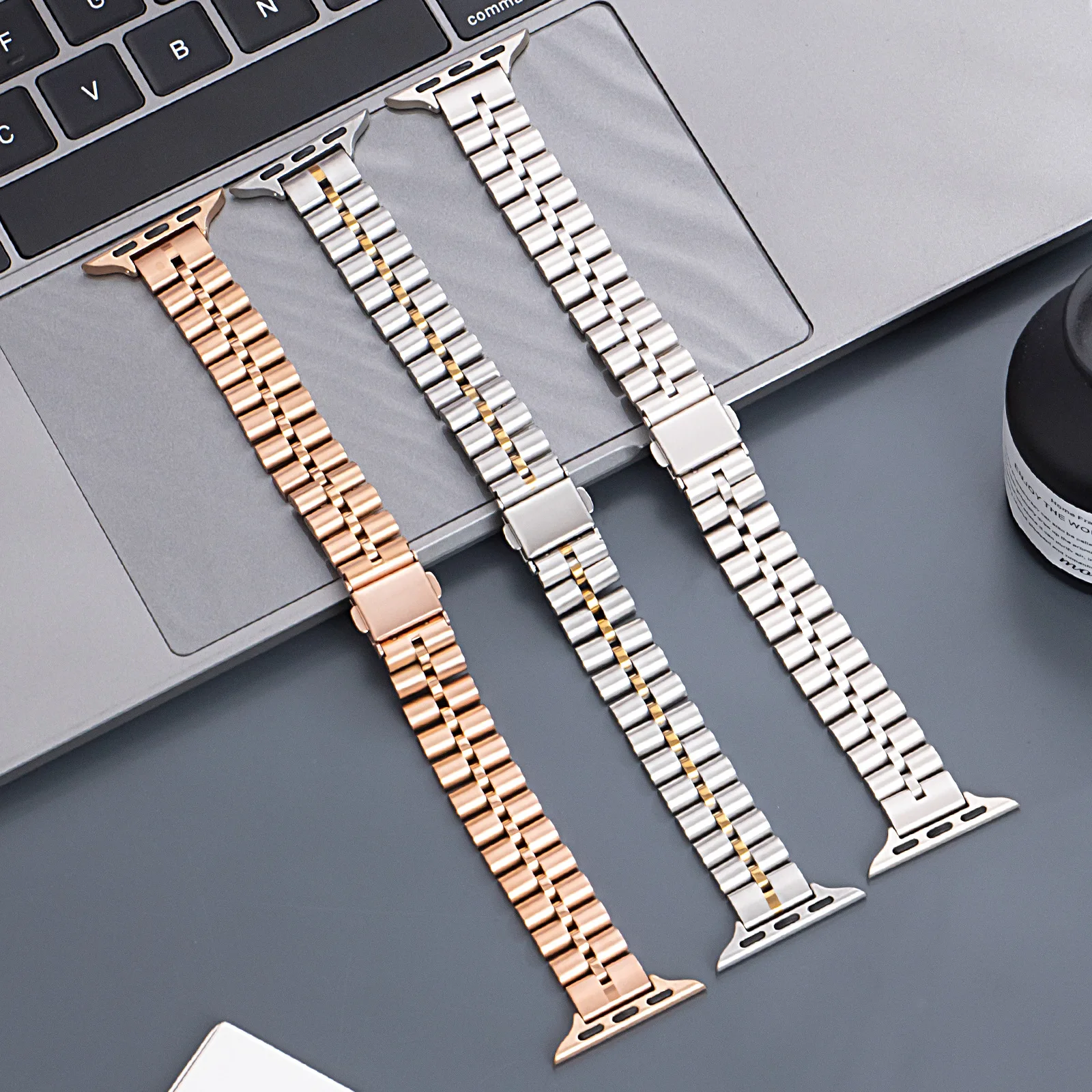 Three Bead Solid Stainless Steel Watch Strap for Apple Watch Ultra 2 Band S10 46mm 42mm 45mm 40mm 41mm 44mm Band for iWatch 9 8