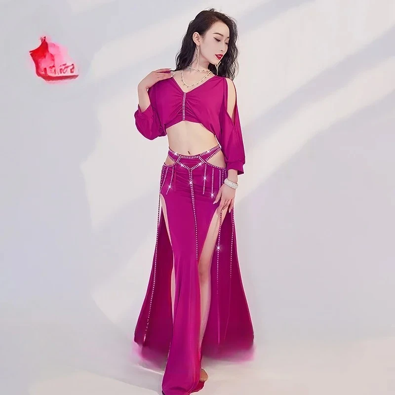 Feminino meia manga superior + abs pedras saia longa 2 peças para menina oriental dança do ventre outfit dança do ventre desempenho traje conjunto
