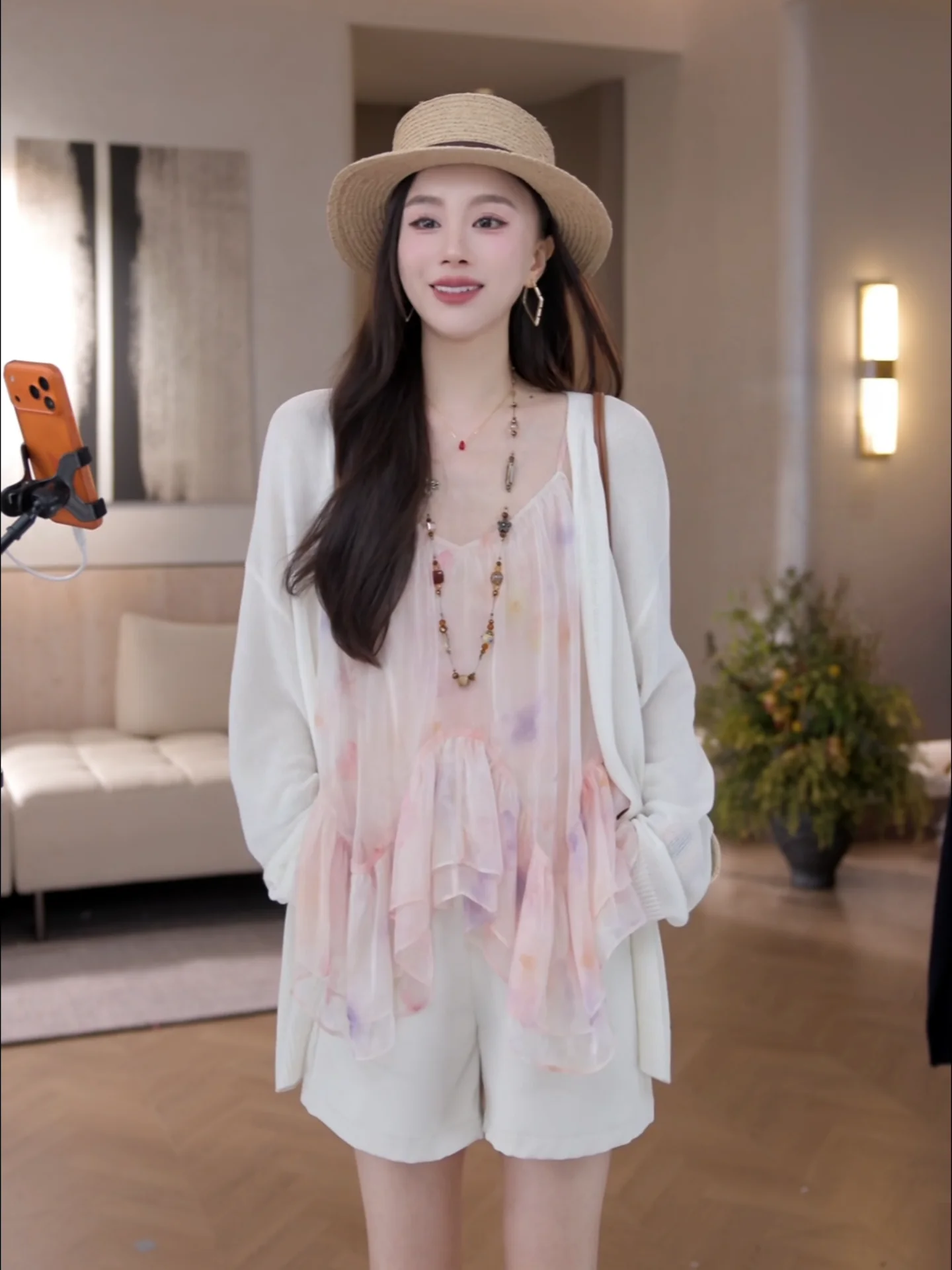 

Iris Petal Strap Summer 2026 Sweet Floral Print Vacation Style Women's Short Sleeveless Top U-Neck Polyester Nylon Blend Oute...