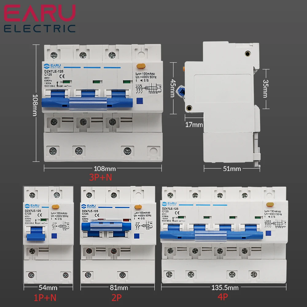 DZ47LE Three-Phase Leakage Protector RCBO Overload Short Circuit Protection 1P+N 2P 3P+N 4P Circuit Breaker Switch 80A 100A 125A