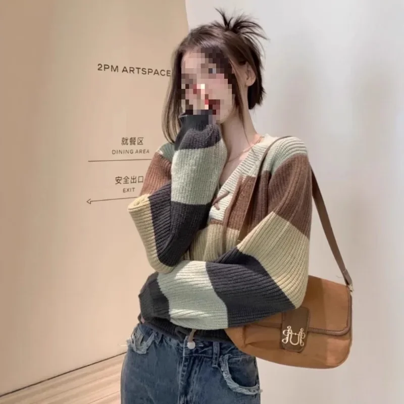Women V Neck Color Block Striped Knit Sweater Long Sleeve Tie Up Loose Cropped Pullover Tops For Spring Autumn