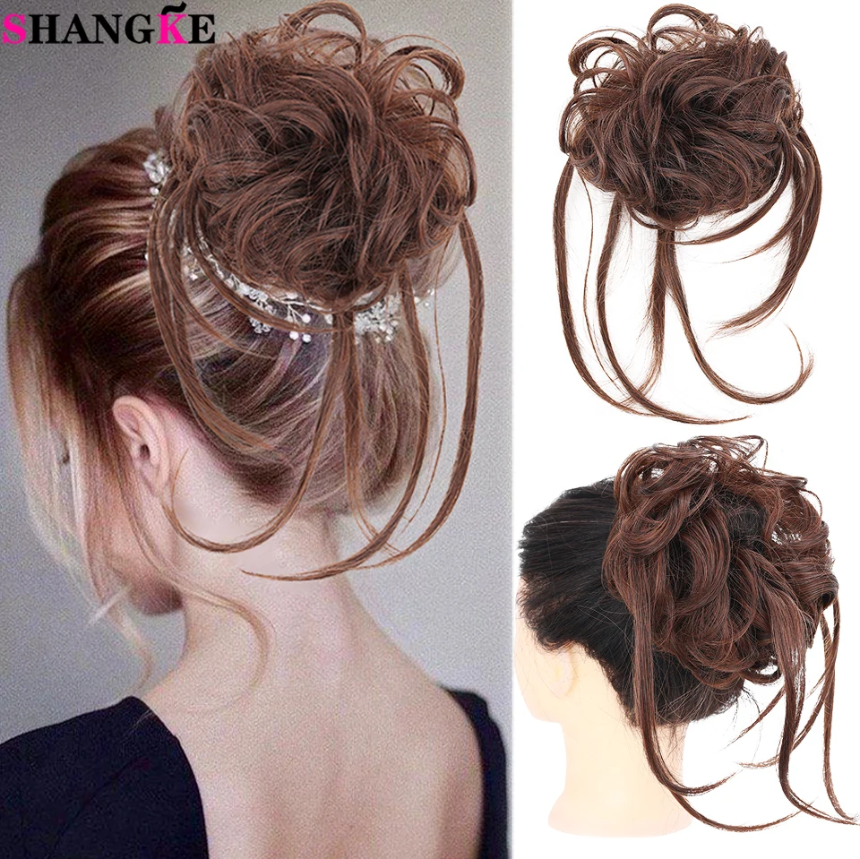 SHANGKE Synthetic Messy Curly Hair Bun With Elastic Hair Bands Long Tousled Updo Chignon For Women Tiny Braids Hair Scrunchies