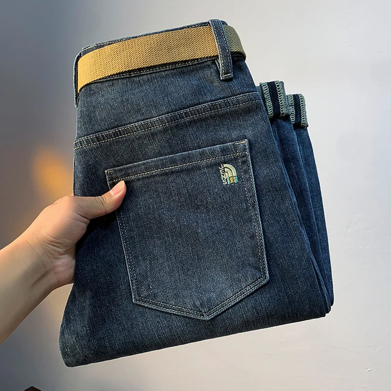 Celana jeans bordir pria, kelas atas musim gugur gaya baru kasual ramping meregang kurus ringan mewah