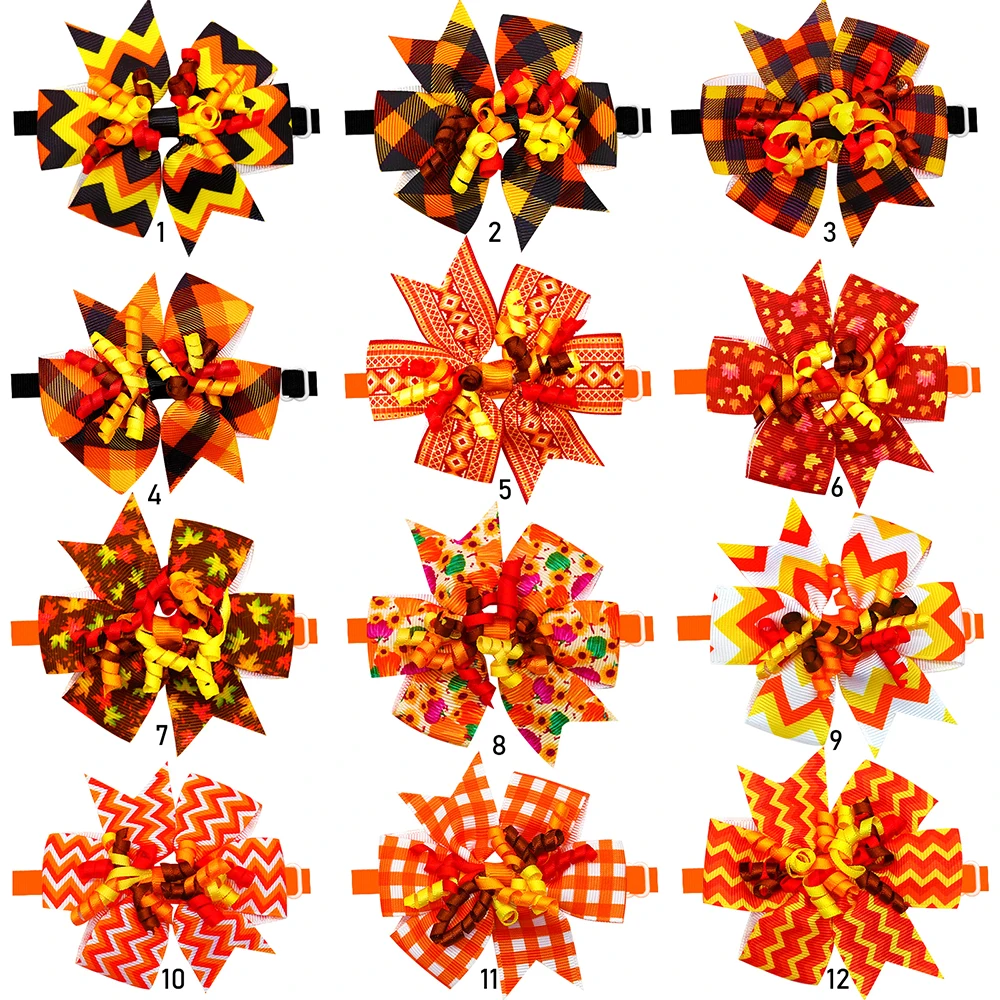 50PCS Fashion Fall Thanksgiving Pet Dog Bow Tie Maple Leaf Orange Bowties Collar Grooming Autumn Leaf Pattern Dog Pet Suppplies