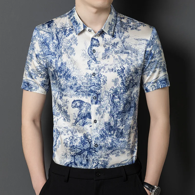 

Мужская рубашка из ледяного шелка с короткими рукавами, новая летняя деловая повседневная рубашка из тутового шелка с тонким принтом