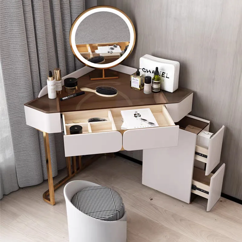 

apartment family bedroom, triangular corner dresser, Italian light cream style master bedroom dressing table, makeup table