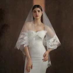 Velo de novia hecho a mano de lujo, tul suave, Apliques de encaje, blanco, tocado, V316
