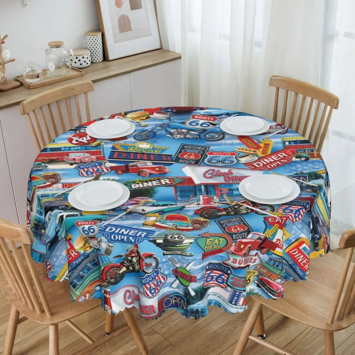 

Customized Round Fashion Route 66 Tablecloth Waterproof Oil-Proof Table Cover 60 inches Table Cloth