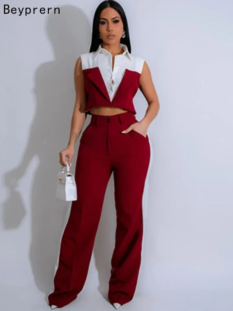 

Beyprern Women Sleeveless Contrast Color Blazer Suit Set Two-Piece Outfits Office Workwear Matching Pant Set Clubwear Overalls