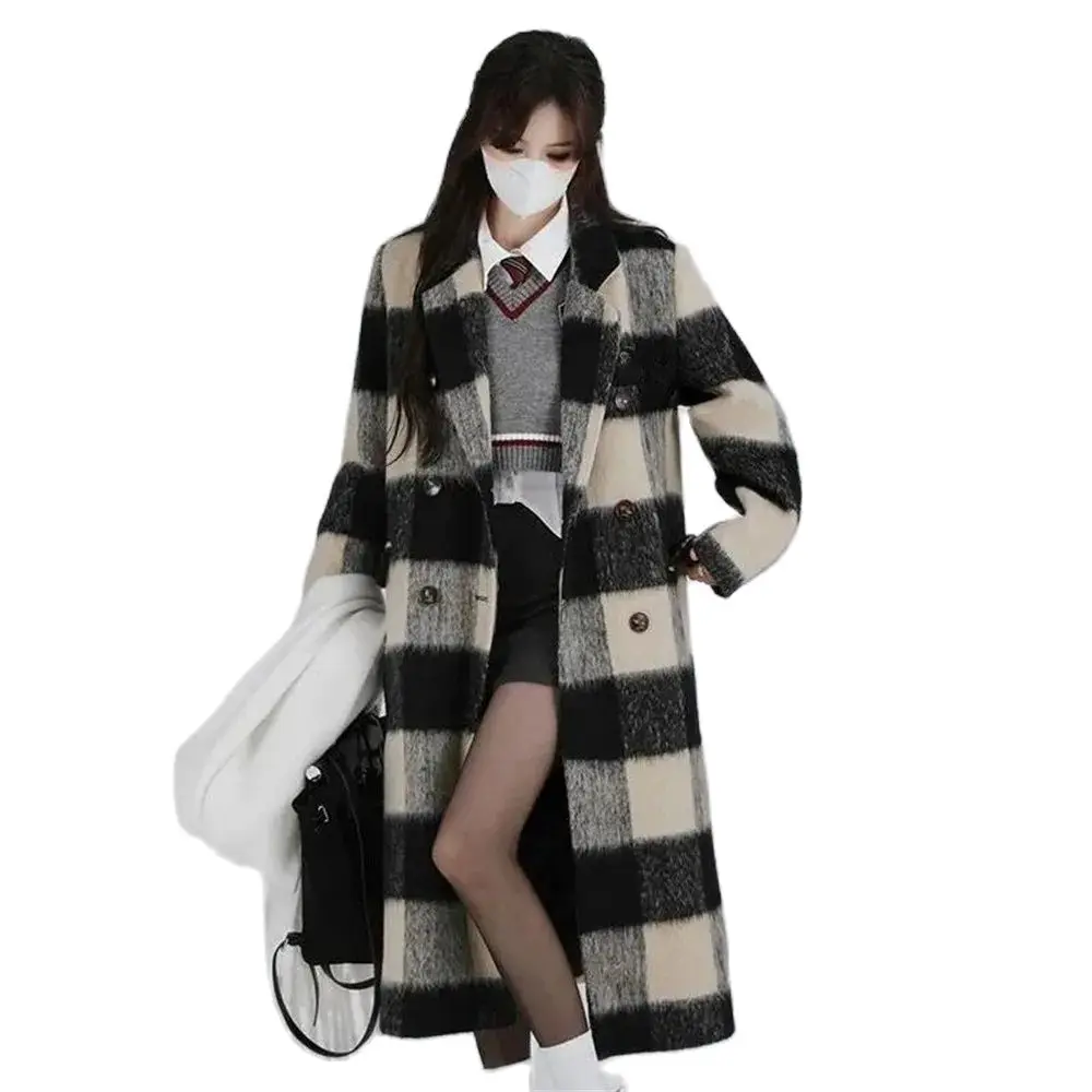 

Vintage Black White Plaid Outerwear Woolen Coat Autumn Winter 2024 New Notched Thickened Women Overcoat With Gold Button Blends