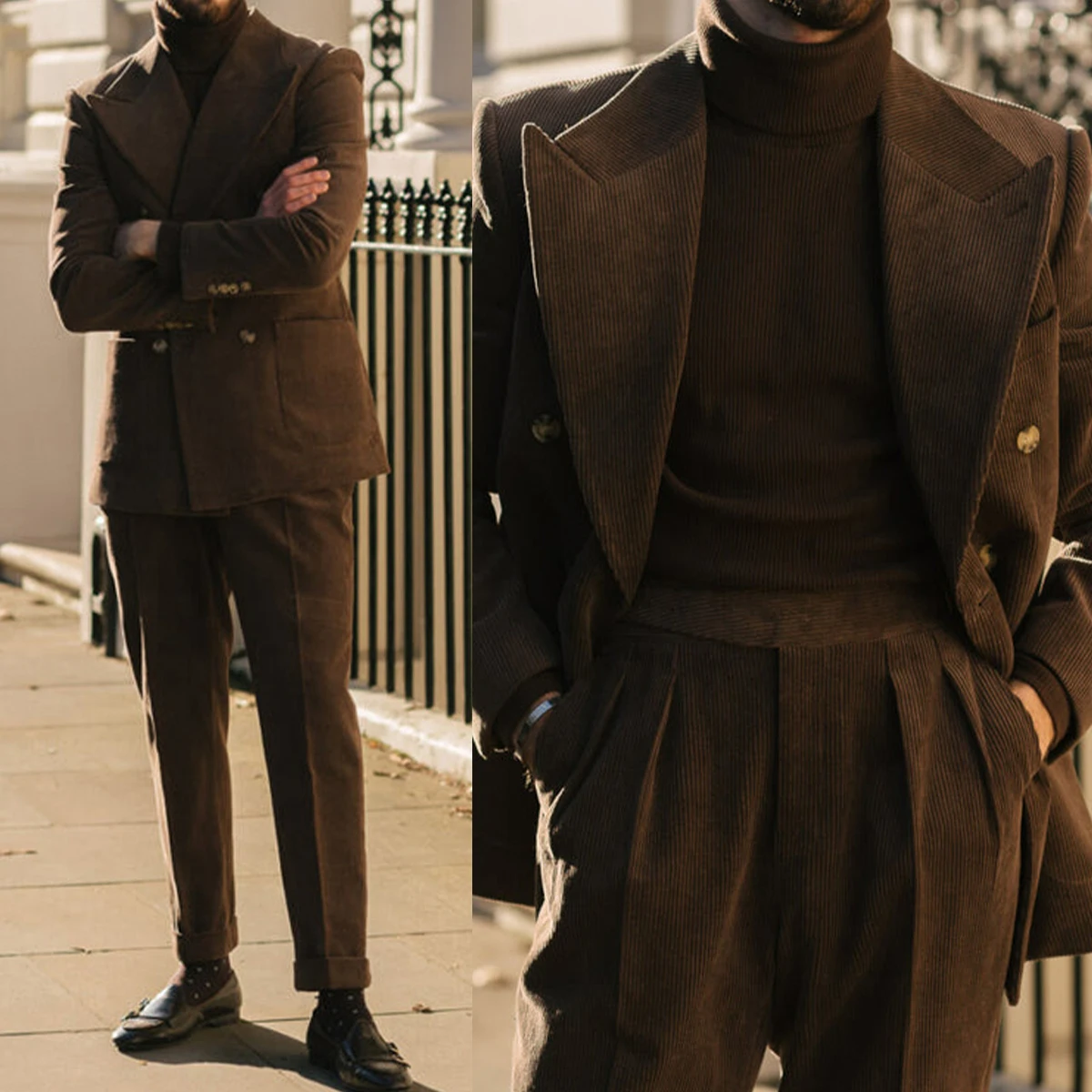 Costumes de mariage en velours côtelé pour hommes, revers pointu, version mi-longue, double boutonnage, grandes poches, pantalons 2 pièces personnalisés, beaux smokings