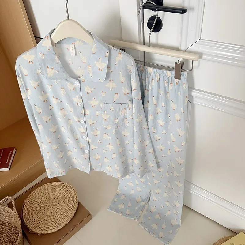 الحلو لطيف أوزة طباعة الكورية موضة المرأة منامة ملابس النوم Kawaii عادية التلبيب الرقبة Y2K منامة مجموعة الخريف جديد المتسكعون
