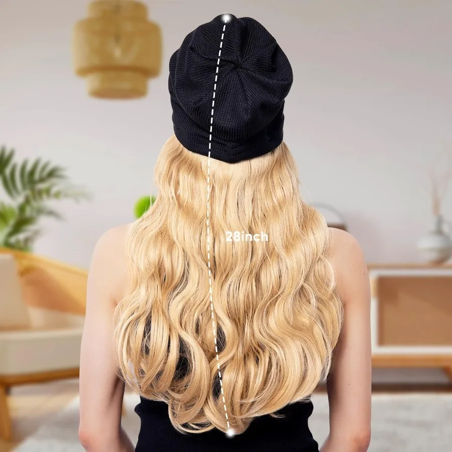 طويل مجعد الشعر الاصطناعية قبعة شعر مستعار محبوك قبعة مع الشعر المرفقة للنساء الأبيض شقراء تأثيري قبعة متموجة قبعة مثالية ل C