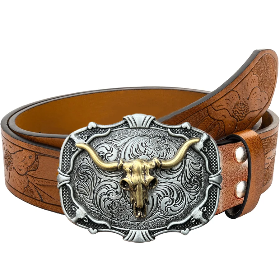 قطعة واحدة من حزام الرجال على الطراز الغربي مع عظام رأس البقر وأنماط الأزهار المنحوتة وزخارف القرن الطويل، طراز قديم، عيد الحب العظيم #2