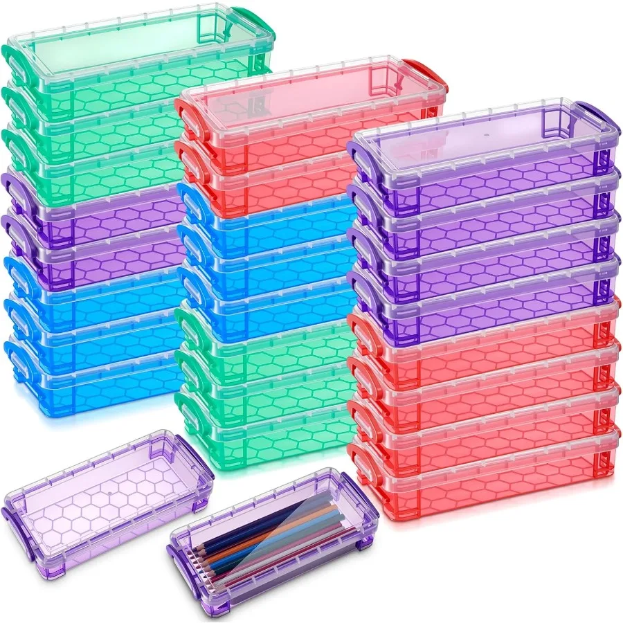 

24 Pcs Large Capacity Clear Plastic Pencil Box with Snap Tight Lid for Watercolor Pens Crayons Brushes and Drawing Tools Storag
