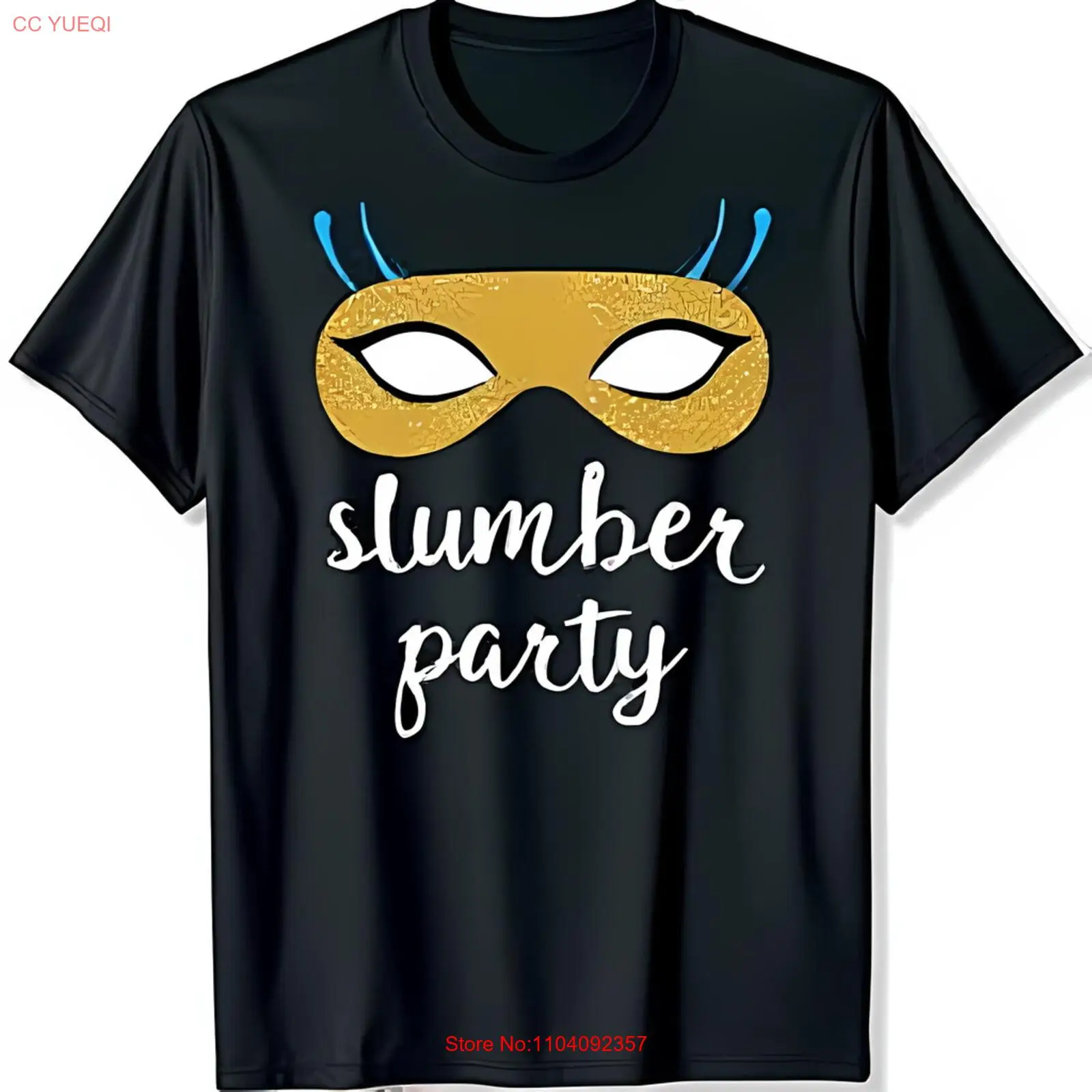 Elegant Black T-Shirt with Gold Mask Graphic & Slumber Party Text