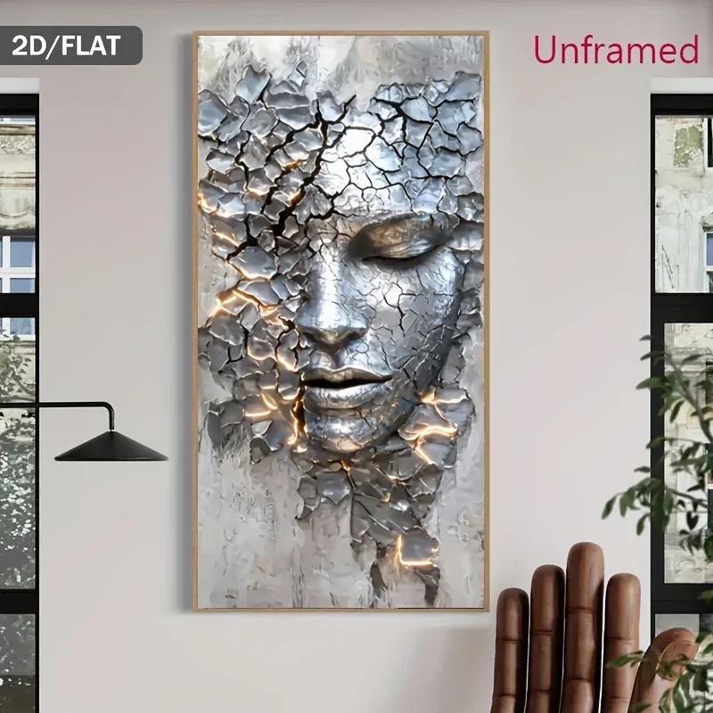 2D Flat, 1pc Unframed, Modern Cracked Facial Art FRAMELESS - Abstract Shattered Wall Arts, Multicolor Facial Expression Pictu